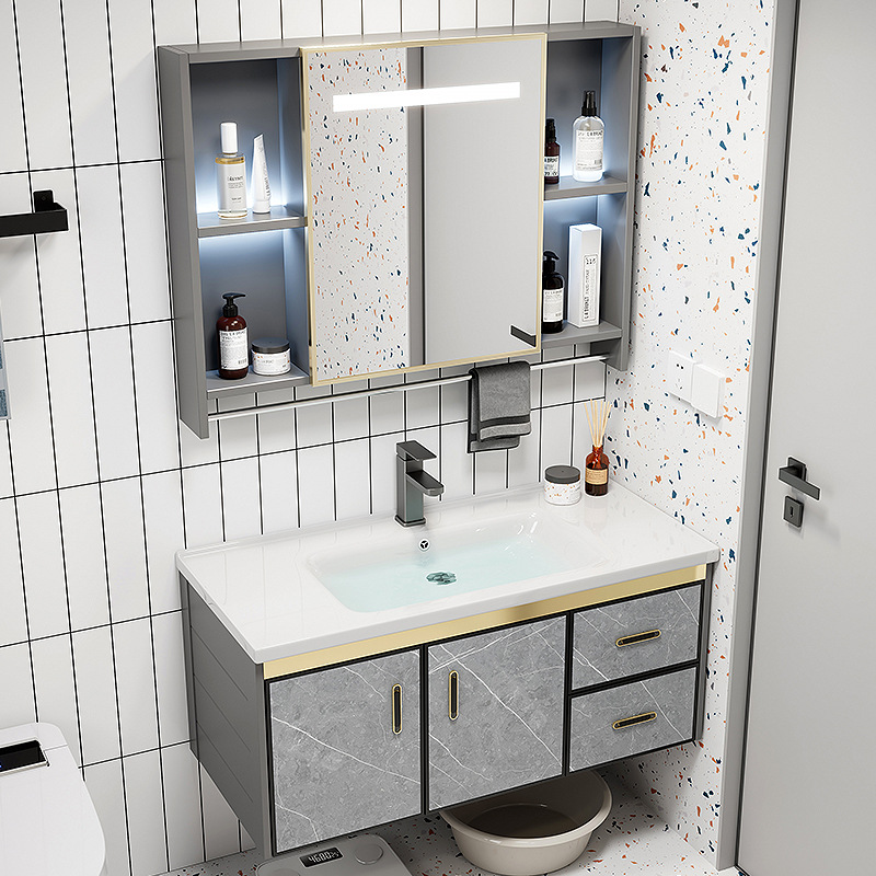 Combinación de gabinete de baño de aleación de aluminio espacio moderno lavabo de baño minimalista Placa de roca lavabo mesa de lavado integrada