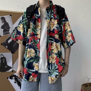 外贸新款短袖碎花衬衫男夏季沙滩青少年半袖衬衣夏威夷痞帅气寸衫