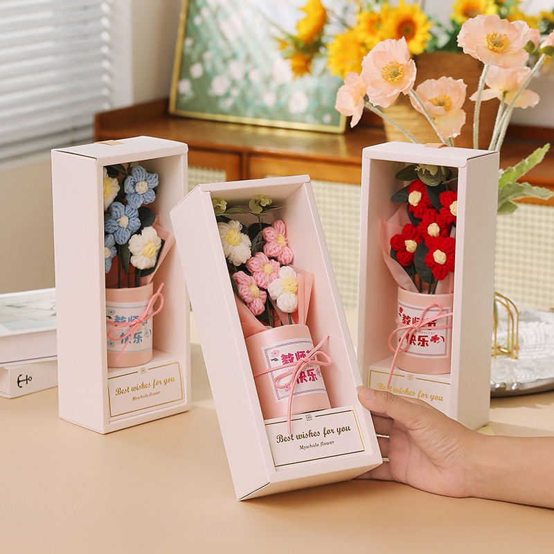 教師の日の花束プレゼント毛糸鉤織小花束ロマンチックな手提げ花純手編み先生プレゼント|undefined
