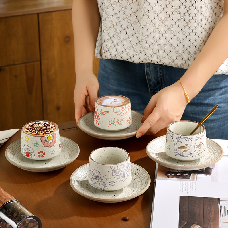 日式陶瓷咖啡杯拿铁杯拉花杯茶杯手绘功釉下彩茶杯饮料随束口杯