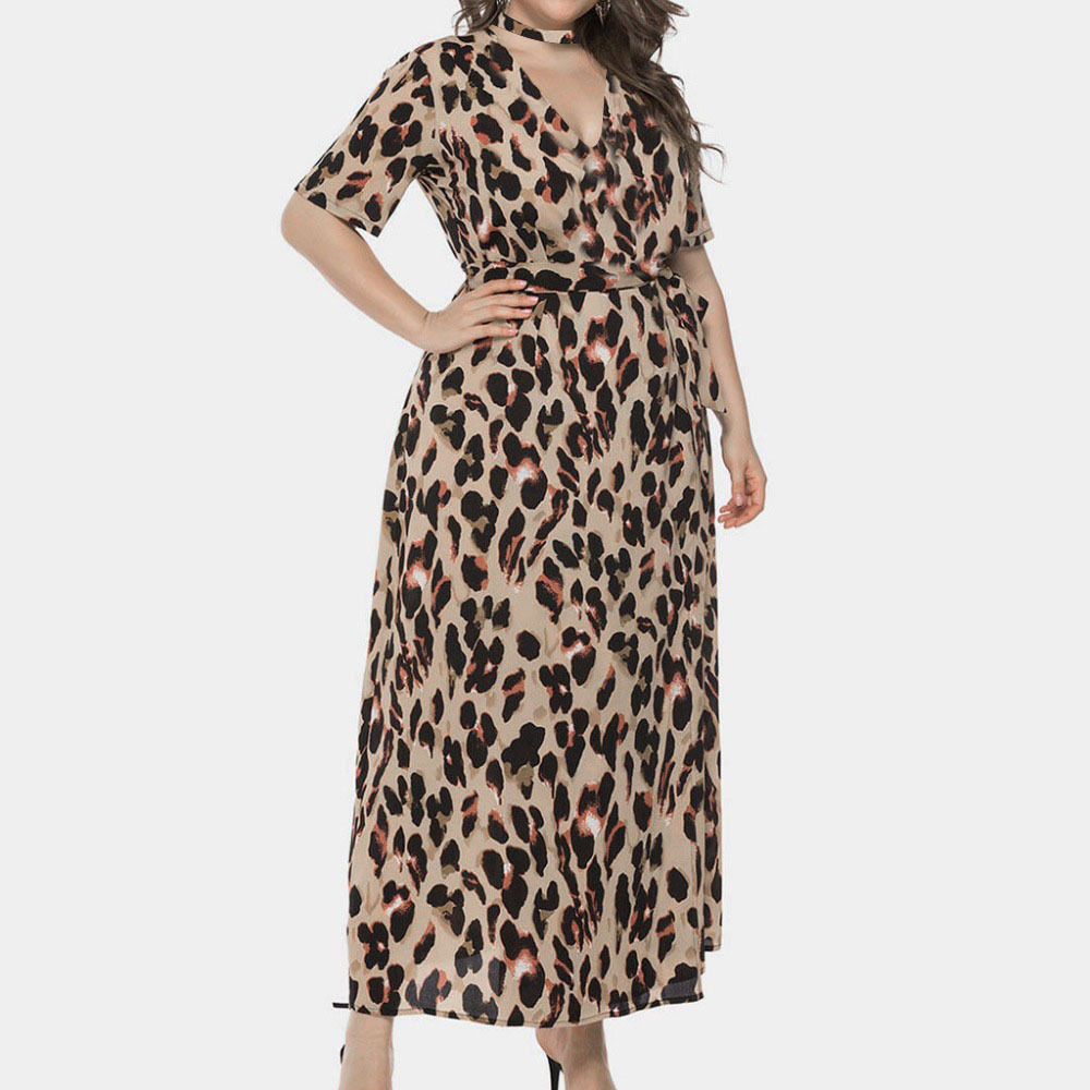 V-neck leopard print plus size dress NSCX39216