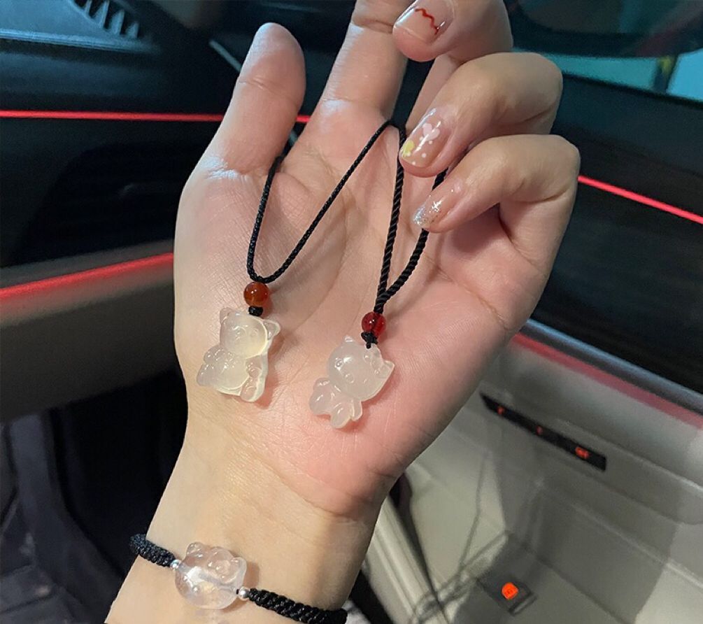 批發冰種白玉髓暴力熊吊墜瑪瑙小熊KT貓卡通玉石diy配飾直播用品