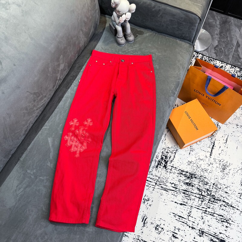High Version Ch Crowe Cross-Border Four-Season New Model Cow King Dopamine Red Large Cross Patchwork Leather Jeans High Version Ch Crowe Cross-Border Four-Season New Model Cow King Dopamine Red Large Cross Patchwork Leather Jeans