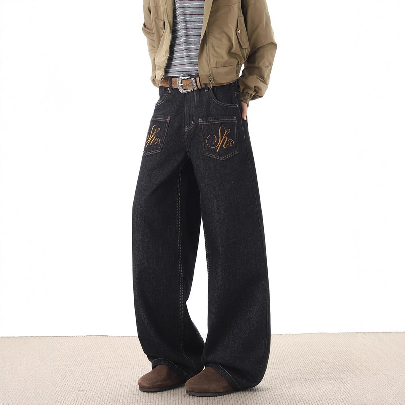 American Retro Embroidered Trendy Brand Original Color Jeans for Men and Women Vintage Loose Versatile Casual Straight Scimitar Pants