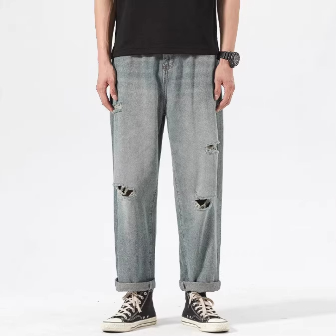 Cross-Border Blue Jeans for Men, Loose Straight Fit, Ripped Casual Trendy Brand Cropped Pants, Tapered Pants, Light Luxury, Autumn Cool Style Cross-Border Blue Jeans for Men, Loose Straight Fit, Ripped Casual Trendy Brand Cropped Pants, Tapered Pants, Light Luxury, Autumn Cool Style