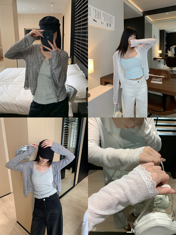 誉一新款2025秋季外搭蕾丝边针织衫女百搭软糯微透长袖上衣m3710|undefined