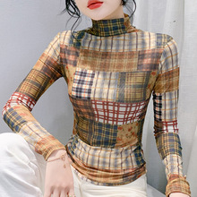 英伦风文艺范格子修身大码小衫拼接撞色印花学生森系内搭工厂批发