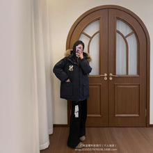 韩国跨境MLB羽绒服芯片版洋基队工装大毛领中长款男女款白鸭绒派