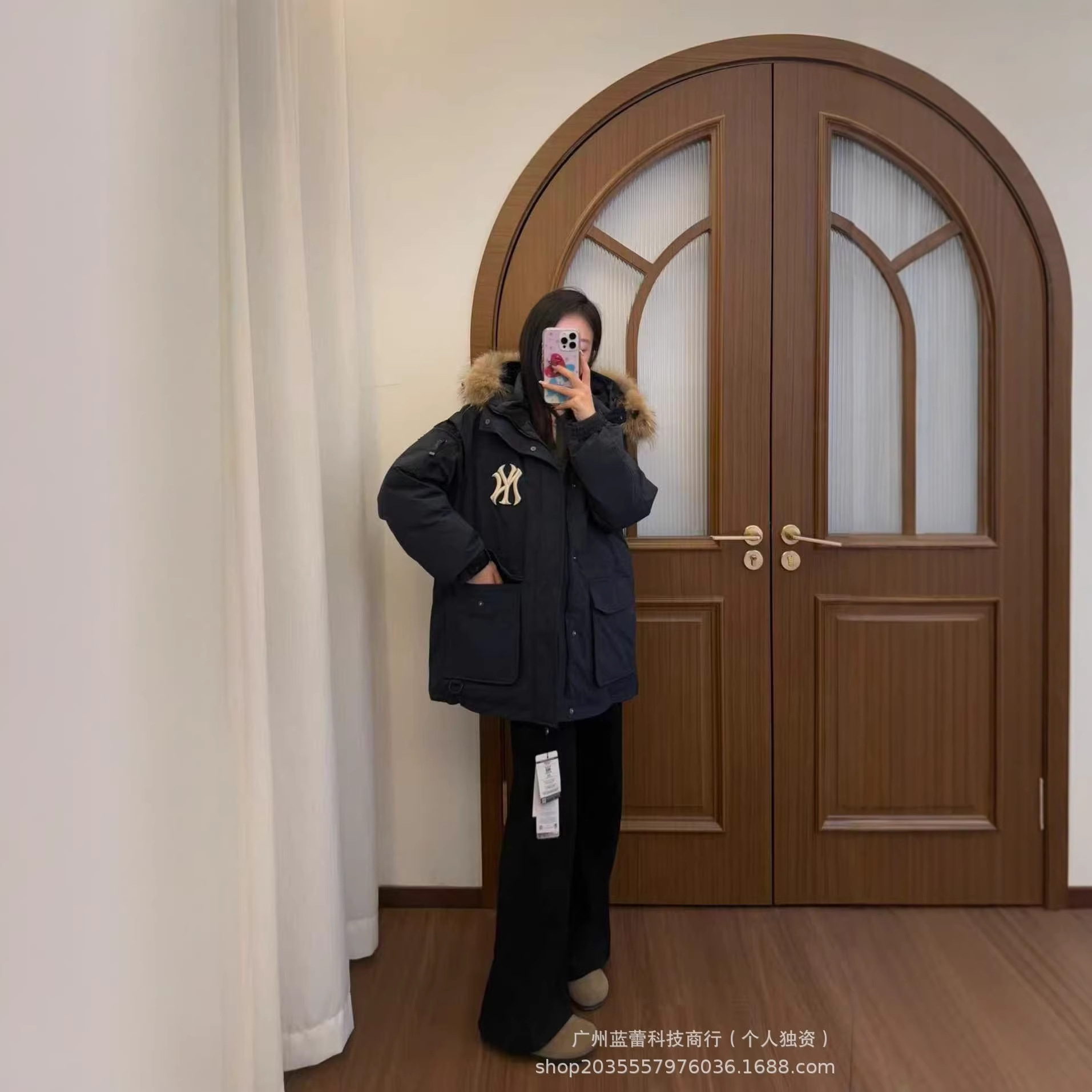 韩国跨境MLB羽绒服芯片版洋基队工装大毛领中长款男女款白鸭绒派