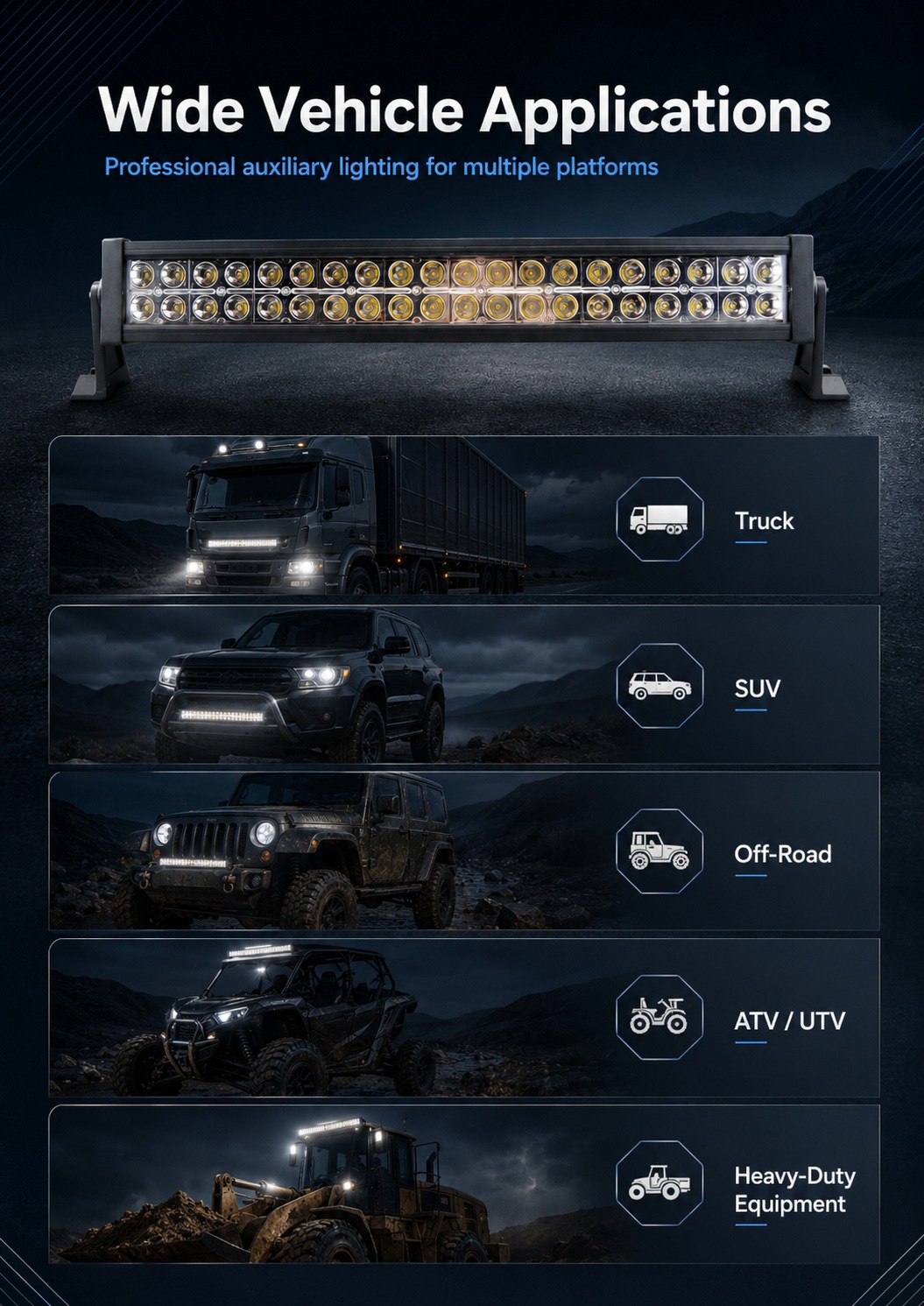 9-60V 120W ultra-thin double-row automotive LED strip light, off-road spotlight, for construction vehicles and trucks, model TH-DT0240Z