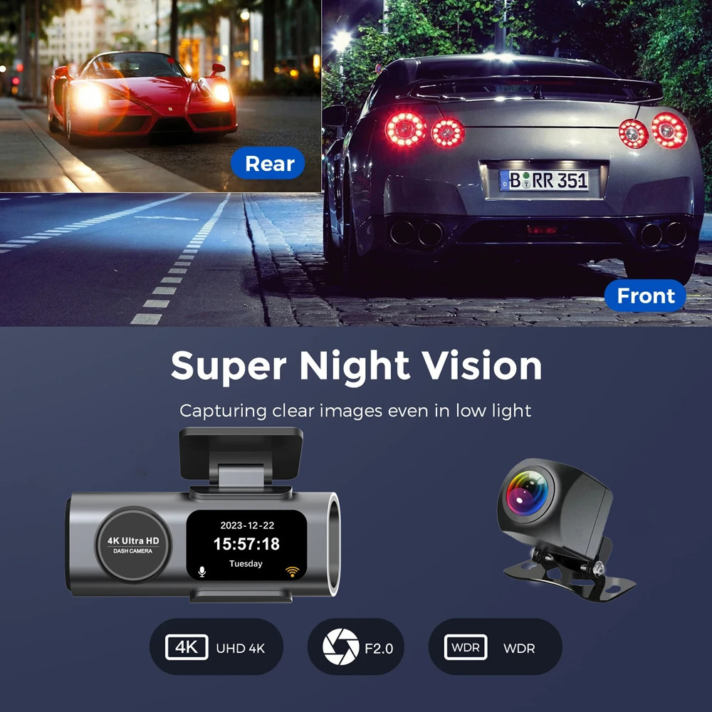 Cross-Border Hot-Selling 4K Dash Cam with High-Definition Front and Rear Dual Recording, Wifi Mobile Phone Connectivity, Hidden Dual-Lens Car Camera