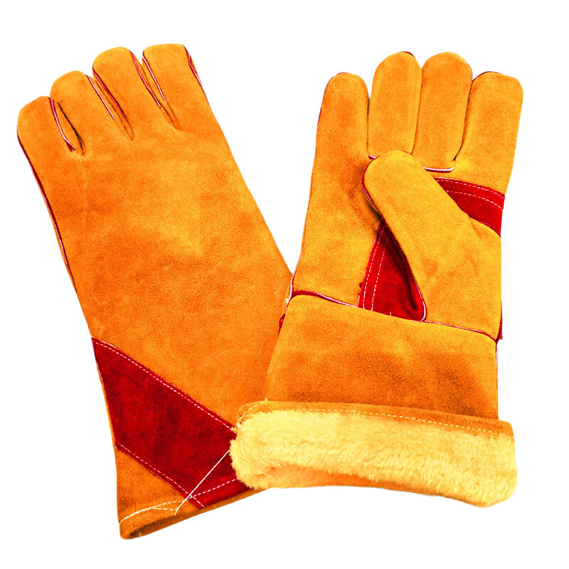 黄色二层牛皮14英寸保暖割圈绒全衬里冬季款手套