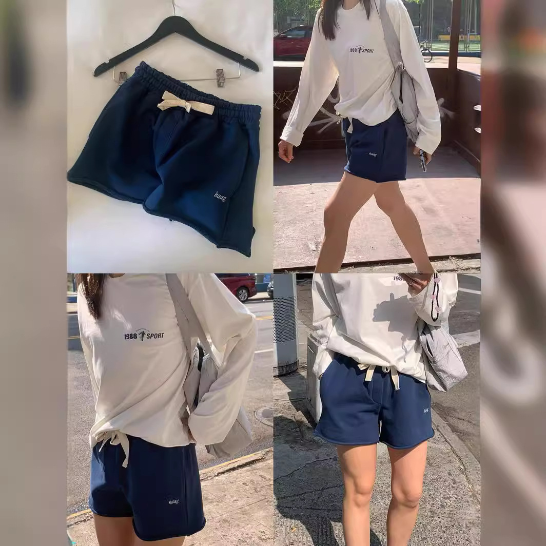 现货韩国潮牌小众韩版女士舒适毛圈棉抽绳刺绣运动短裤休闲宽松夏