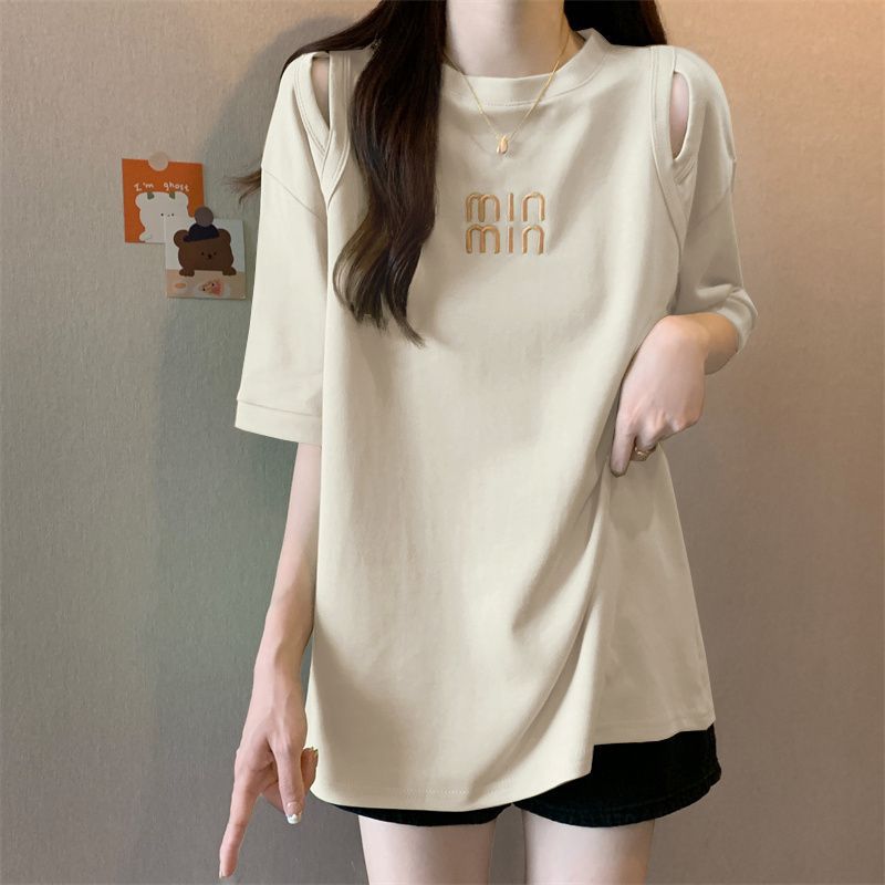 Camiseta de manga corta con hueco para mujer Verano nuevo estilo coreano diseño de longitud media camisa de fondo más tamaño que adelgaza la parte superior bordada