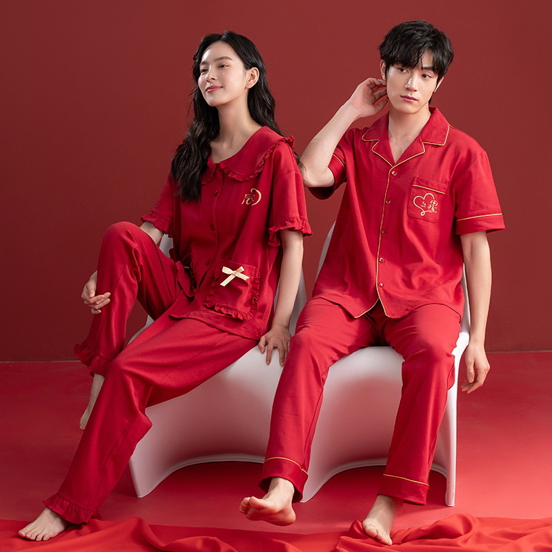 [Antibacteriano] pijamas para hombres primavera y otoño algodón de manga corta pareja ropa de boda de verano rojo damas servicio a domicilio