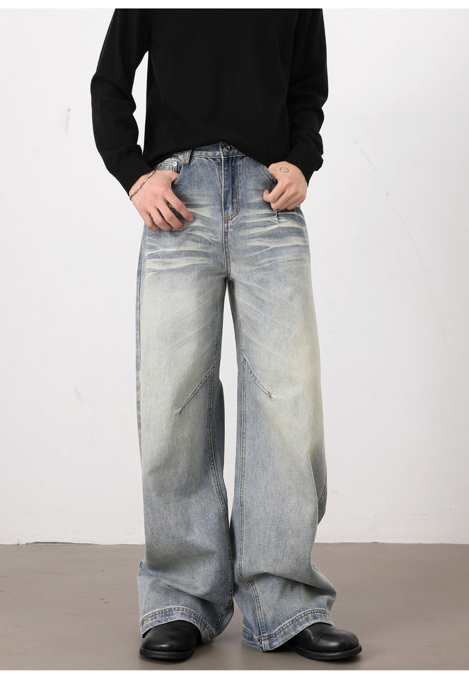 Quần jeans nam dáng rộng ống đứng phong cách high street, lưng vừa, dài ống, dễ phối đồ — Xanh nhạt chi tiết 12