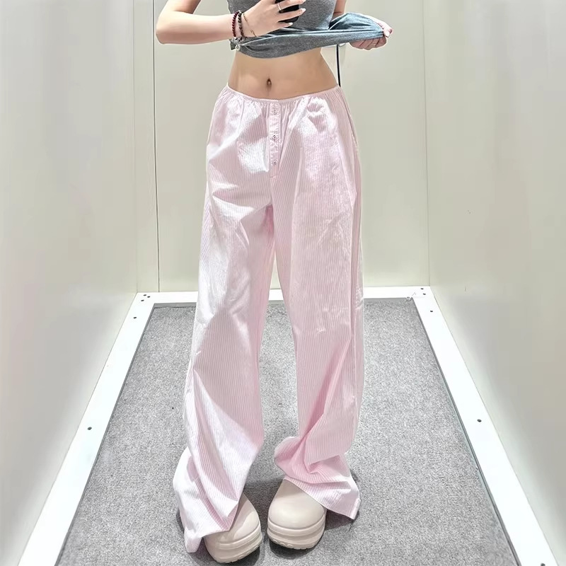 Ins Korean Style Pink Stripesd Wide-Leg Pants Women's Pants New Summer High-Waisted Casual Loose Large Size Walking Pants