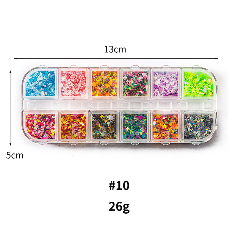 Taifei uñas caja de tira larga lentejuelas 12 rejilla caja de tira larga parche de uñas DIY uñas lentejuelas uñas traje de joyería