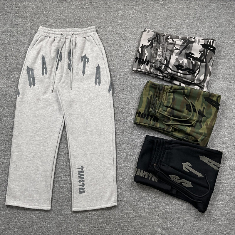 Cross-Border Export Autumn and Winter Trapstar American Sports and Leisure Letter Embroider Loose Fleece-Lined Straight Camouflage Pants