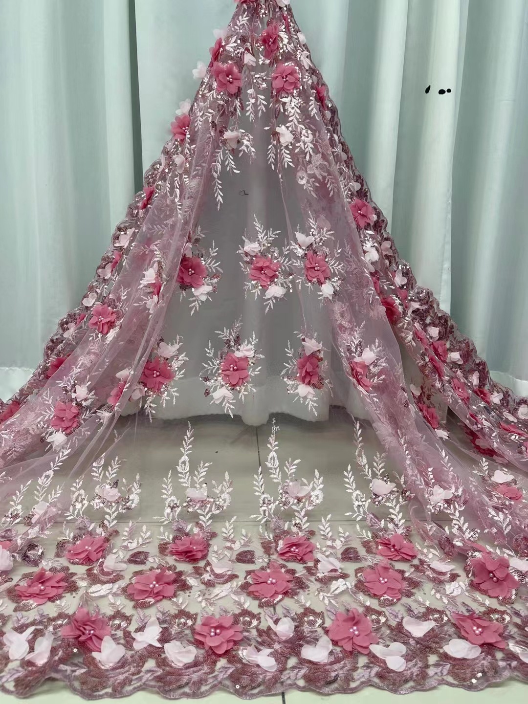 新款欧美婚纱礼服3d立体花朵串珠刺绣蕾丝网纱面料3D lace JX1537