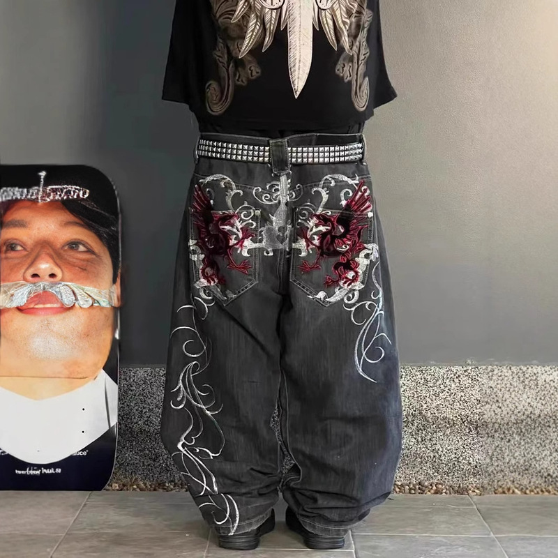 Cross-border Spring and Autumn European and American Fashion Street Dark Gothic Skull Embroidered Jeans Loose Personalized Wide-leg Pants