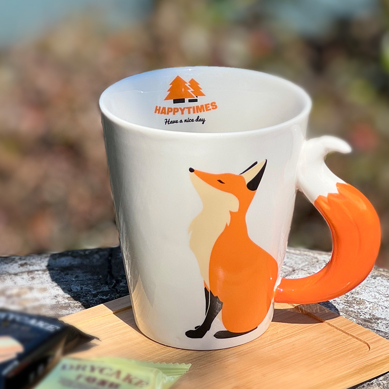 跨境创意陶瓷狐狸马克杯狐狸尾巴水杯卡通动物咖啡杯个性水杯