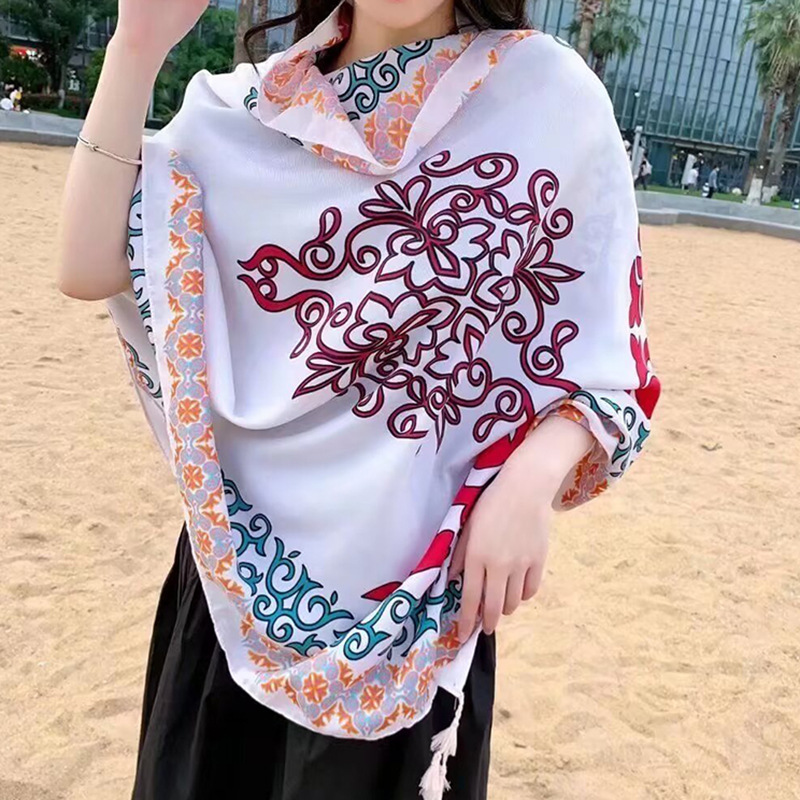 Sopa de satén de twill para mujeres 2025 bufandas de viento nacional de verano tibetanas bufandas de seda protector solar lago Qinghai turismo foto toalla de playa