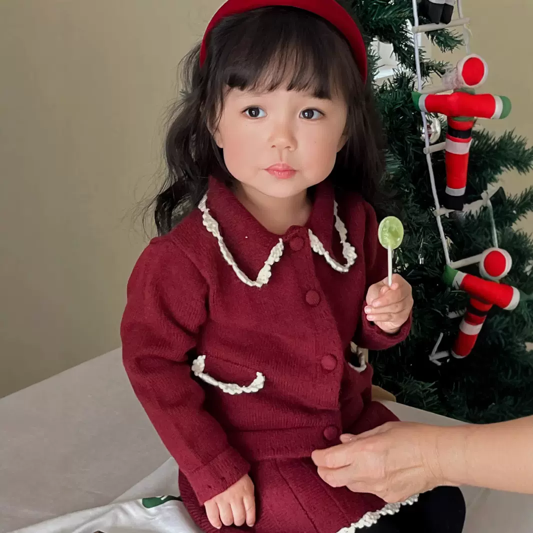 Cutemily秋冬女童圣诞毛衣套装撞色手钩新年服 上衣＋短裙2件套