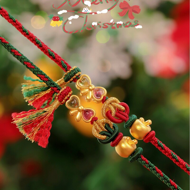 Christmas Eve New Year Pure Gold 999 Apple 18K Gold Tourmaline Bowknot Braided Bracelet Romantic Peace and Good Fortune Christmas Eve New Year Pure Gold 999 Apple 18K Gold Tourmaline Bowknot Braided Bracelet Romantic Peace and Good Fortune