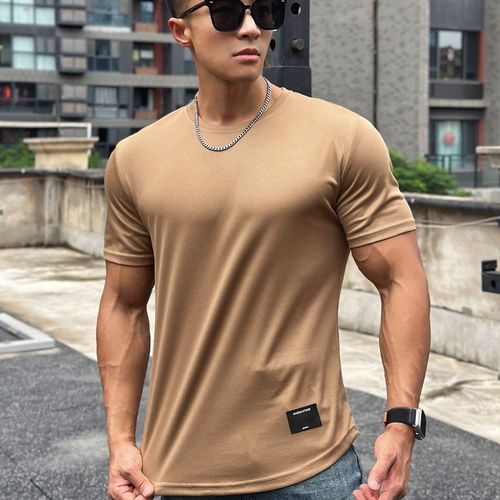 American Summer Muscle Fitness Brother Slim Fit Trend Brand Short Sleeve Men's Flow Mesh Plain Color T-Shirt Training Crew Neck Top