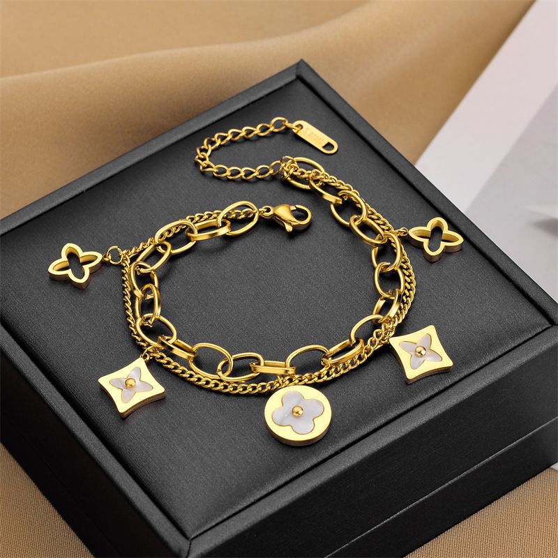 European and American Cross-Border Trendy Jewelry Shell Four-Leaf Flower Double-Layer Bracelet Stainless Steel Square Small Ball Titanium Steel Jewelry for Women