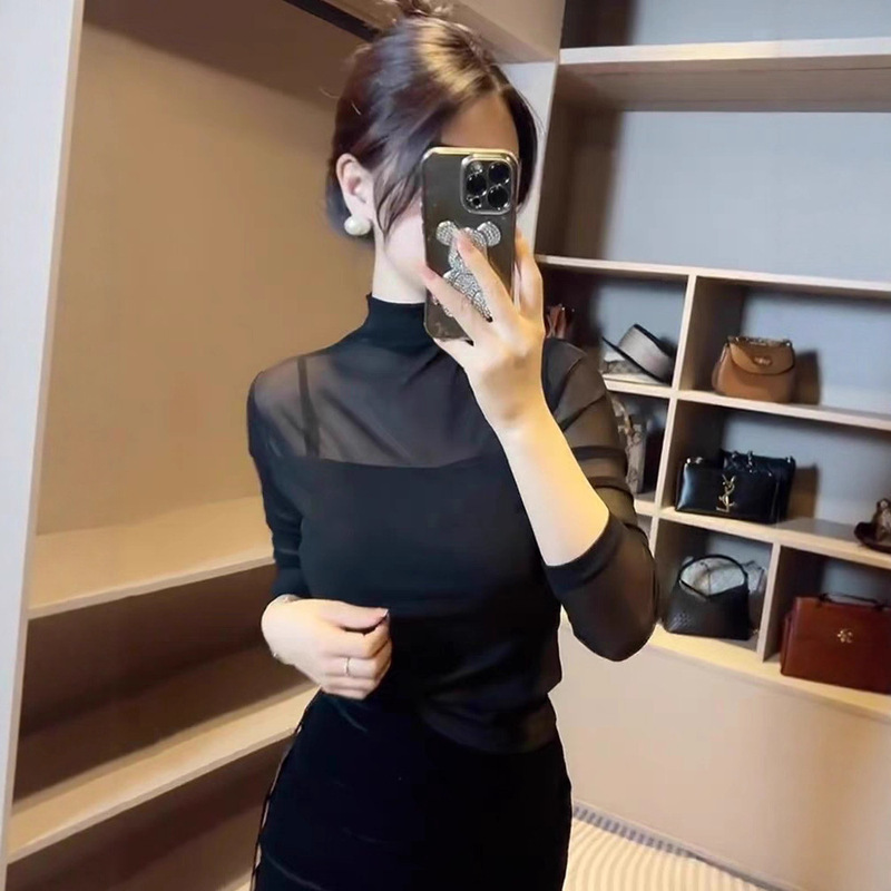 半高领拼接蕾丝金丝绒打底衫女春秋内搭长袖气质内搭秋新款修身上|undefined