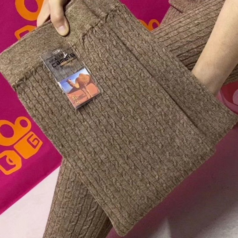 秋冬新款羊驼绒针织毛裤加厚高腰高弹棉裤中老年加肥加大妈妈裤潮