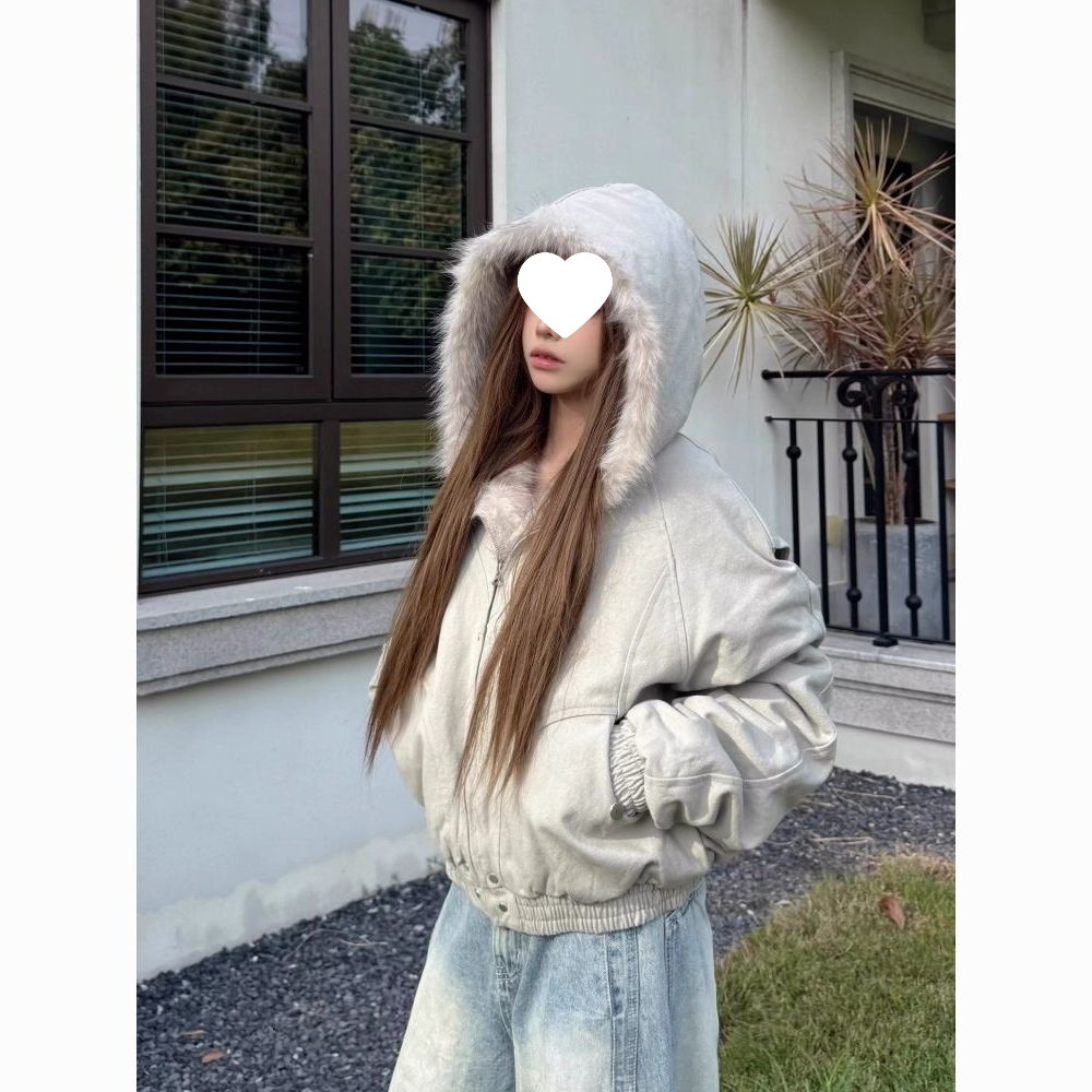 两面穿毛毛款欧美风冬季外套女秋冬新款复古宽百搭连帽短款棉服潮