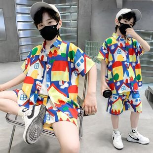 Boys' Short-sleeved Shirt Set 2024 New Cyber Popular Medium and Large Children's Thin Summer Dress Handsome Children's Shirt Two-piece Set