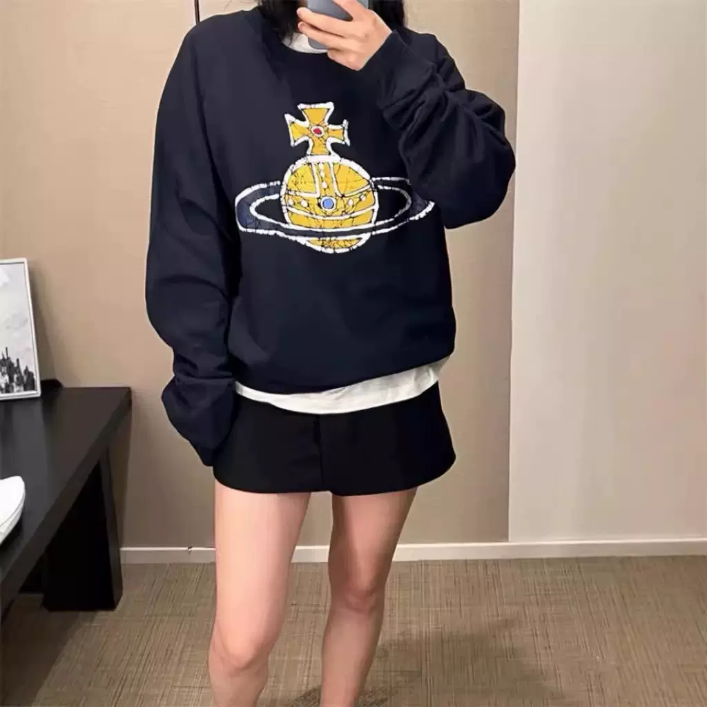 现货小众早秋新款印花圆领宽松套头卫衣土星男女同款上衣一件代发