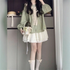 韩系少女小清新绿色长袖衬衫上衣女学生学院风高腰半身裙两件套装