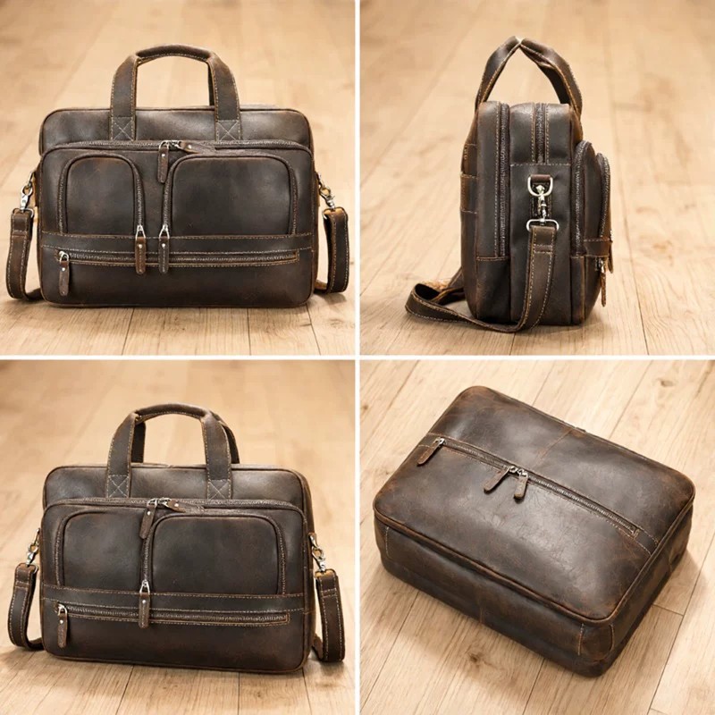 2026 New Arrival Hot Selling Top-Grain Cowhide Men's Business Briefcase, High-End Retro Style, 15-inch Handbag