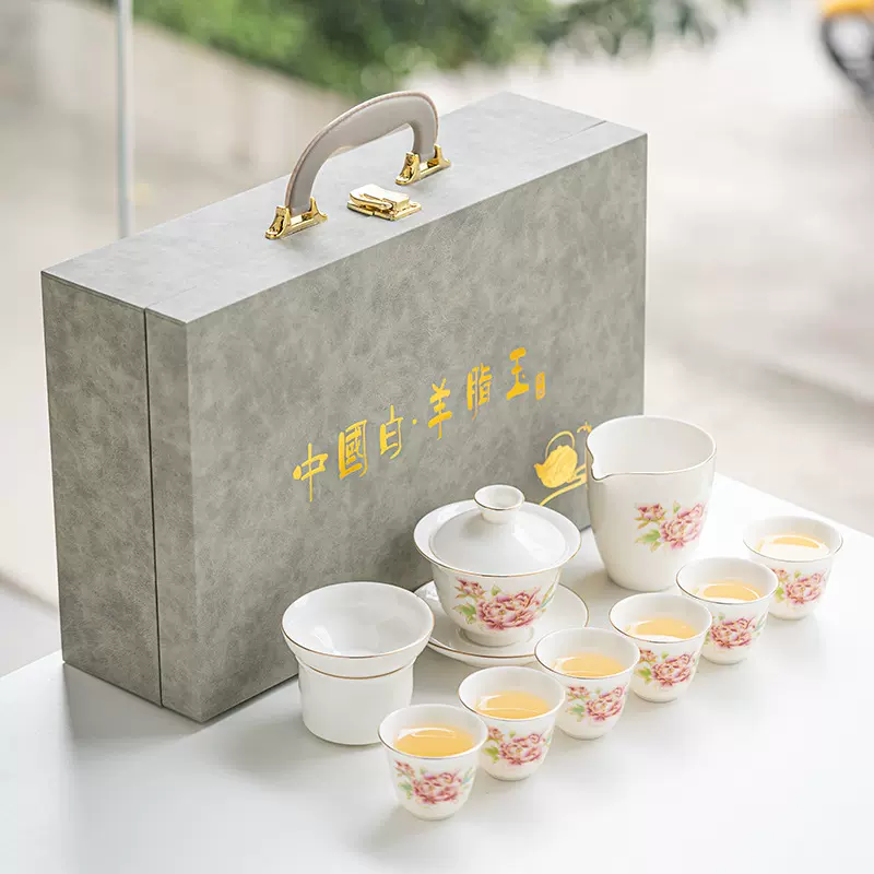 羊脂玉白瓷茶具套装全套功夫茶具盖碗茶杯旅行茶具批发礼品印LOGO