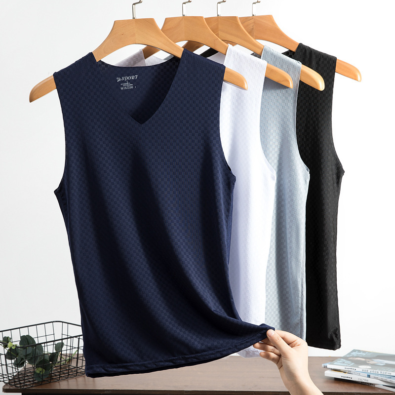 New Ice Silk Quick-drying Vest Men's Summer Outer Wear Traceless Thin Slim-fit Mesh Sports Wide Shoulder Sleeveless T-shirt Trendy New Ice Silk Quick-drying Vest Men's Summer Outer Wear Traceless Thin Slim-fit Mesh Sports Wide Shoulder Sleeveless T-shirt Trendy