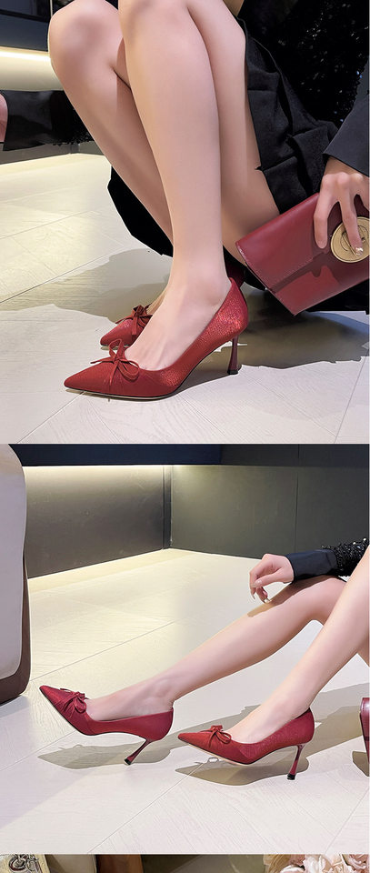 Giày cao gót nữ mũi nhọn gót 6–8 cm chất liệu nhung, thắt nơ, kiểu giày cưới cho cô dâu — Quả mơ (bổ sung), Đỏ (bổ sung) chi tiết 7