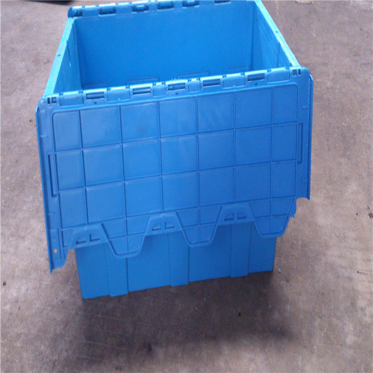 塑胶连盖箱600*400*285mm蓝色新料斜插物流箱 顺德翻盖塑料周转箱