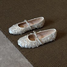 羊皮版~2025新款法式仙女亮片蝴蝶结圆头芭蕾舞鞋女浅口玛丽珍鞋