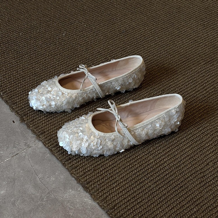 羊皮版~2025新款法式仙女亮片蝴蝶结圆头芭蕾舞鞋女浅口玛丽珍鞋