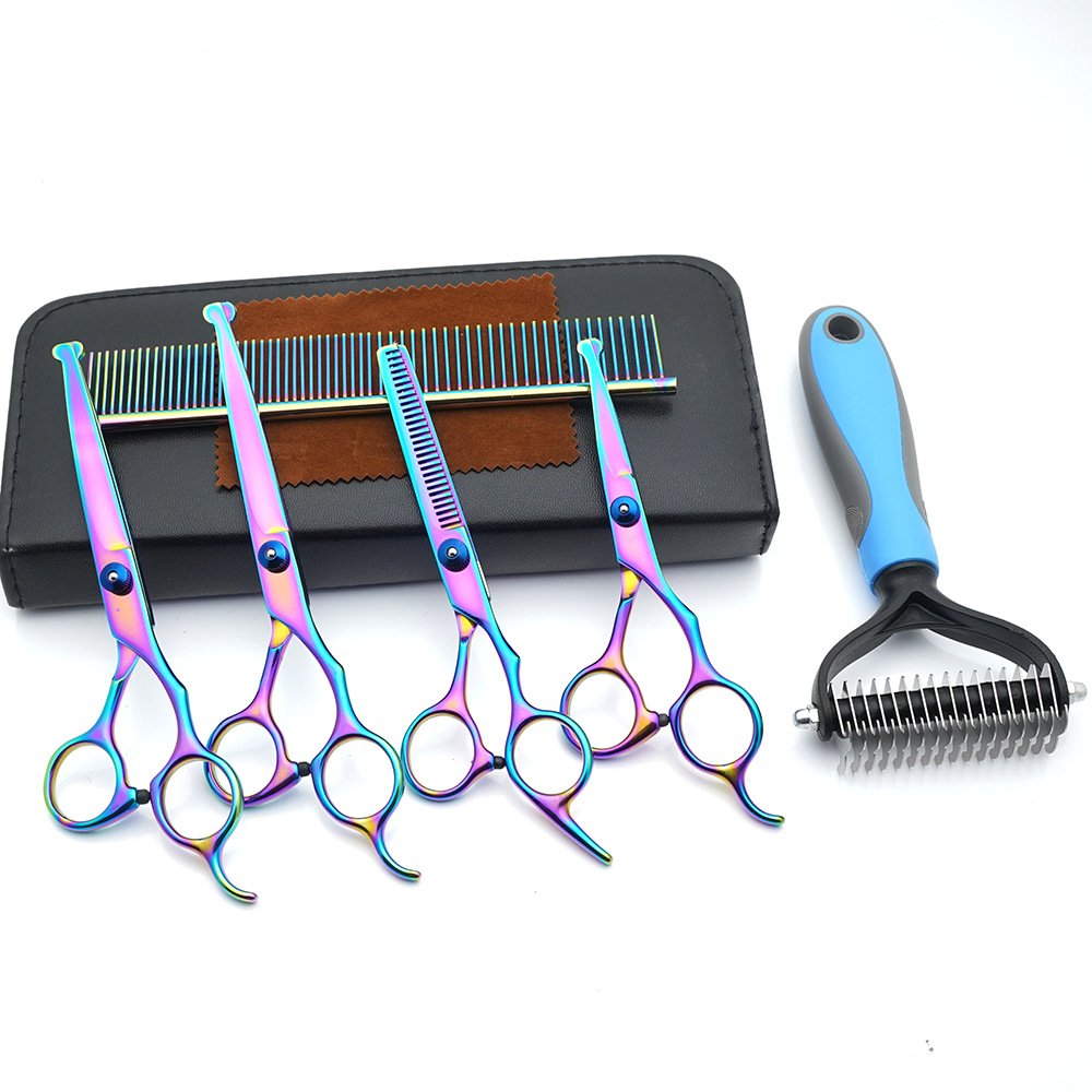 Tijeras de cuidado de mascotas al por mayor de fábrica, tijeras planas de corte de pelo de perro, tijeras de dientes finas, tijeras de colores, herramientas de corte de pelo de gato