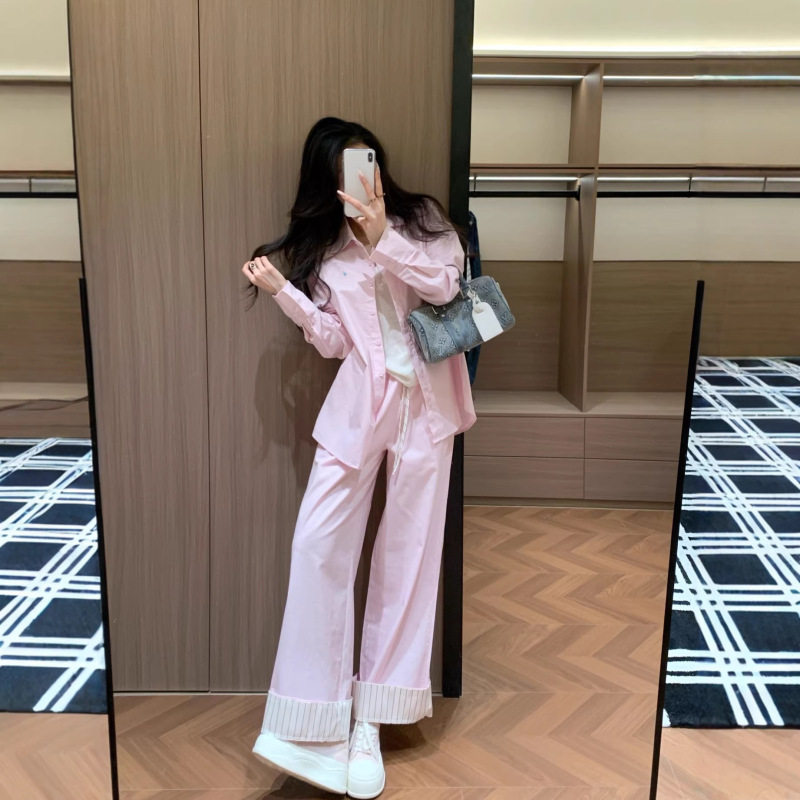 In-Stock High-Quality Rl Ralph Lauren Embroidered Horse Logo Classic Shirt with Fine Striped Details + Pants Set, Versatile and Casual