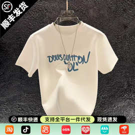 2026夏季男士轻奢圆领短袖T恤时尚休闲百搭个性简约潮流字母上衣