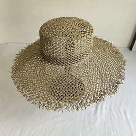 ins手编咸草毛边草帽夏天出游海边防晒遮阳沙滩帽 欧美时尚太阳帽