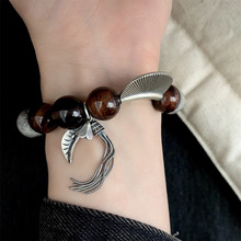 S925银天然红虎眼地图石茶晶马蹄莲流苏扇形手链复古设计感中式风