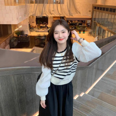 春款女装条纹针织毛衣女款2025新款春季穿搭气质针织衫假两件上衣